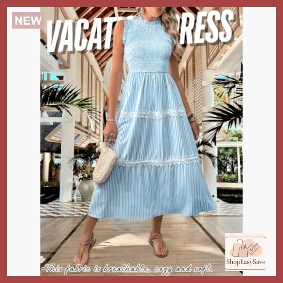 Striped Midi Dress Sleeveless Smocked Tiered Flowy Vintage Casual Summer - Picture 3 of 7